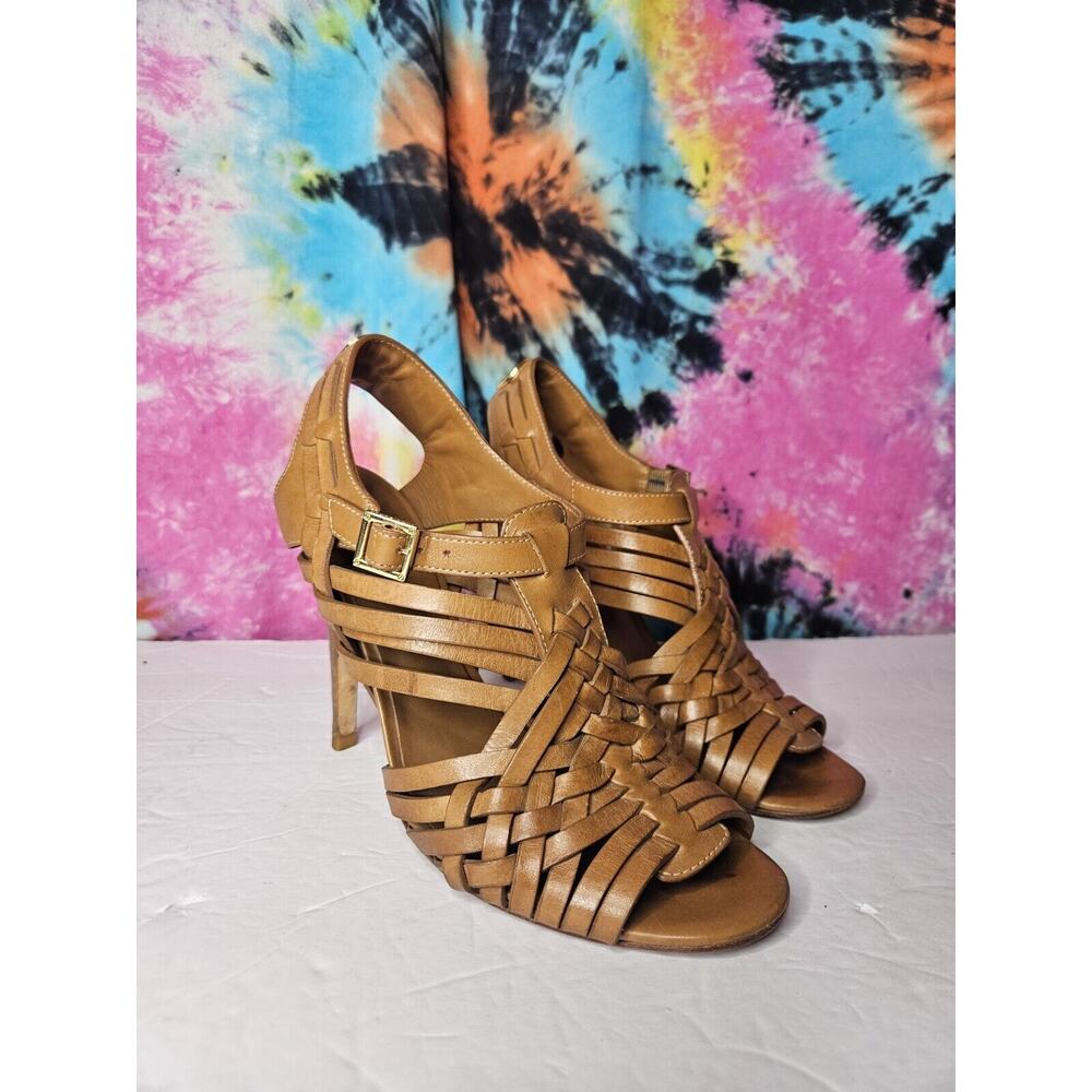 TORY BURCH $325 Nadia Brown Woven Leather Logo Detail Huarache Sandals Heels 6.5